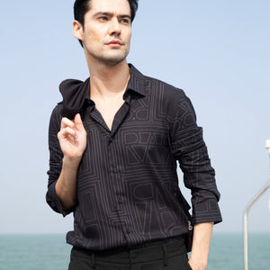 Rare Rabbit Men's Malfor Black Viscose Fabric Graphic Print Full Sleeves Shirt