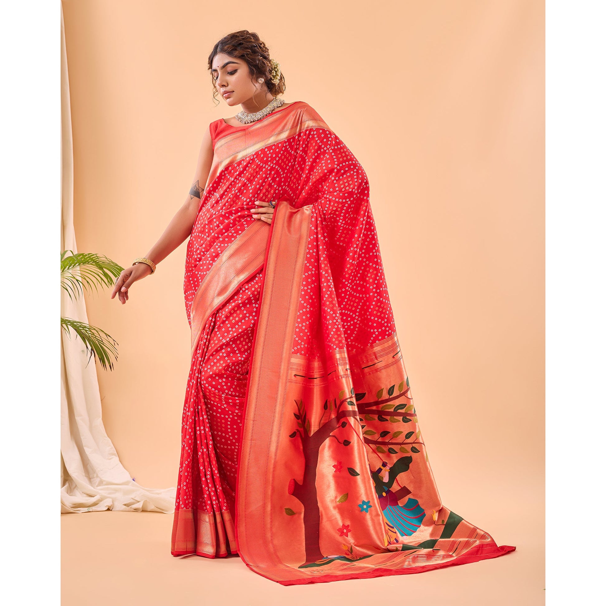 Bandhej Paithani Red Paithani Silk Handwork Saree