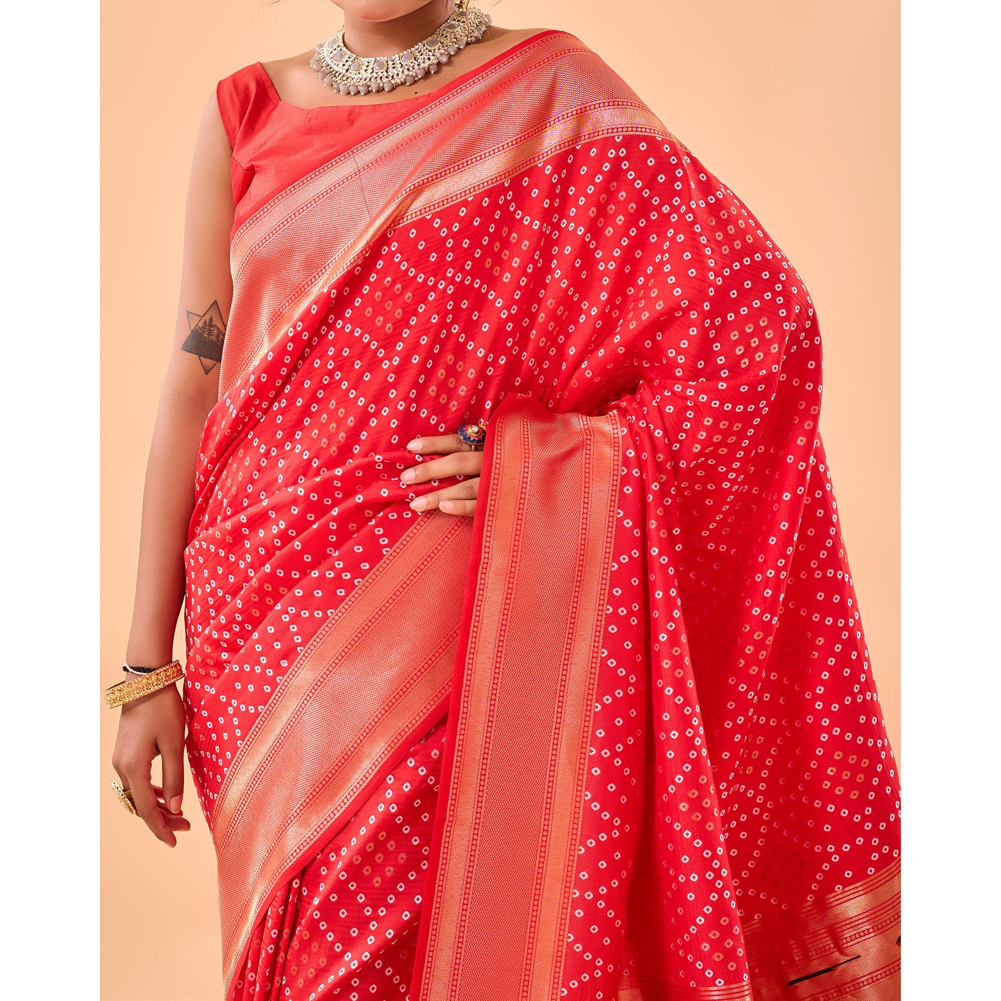 Bandhej Paithani Red Paithani Silk Handwork Saree