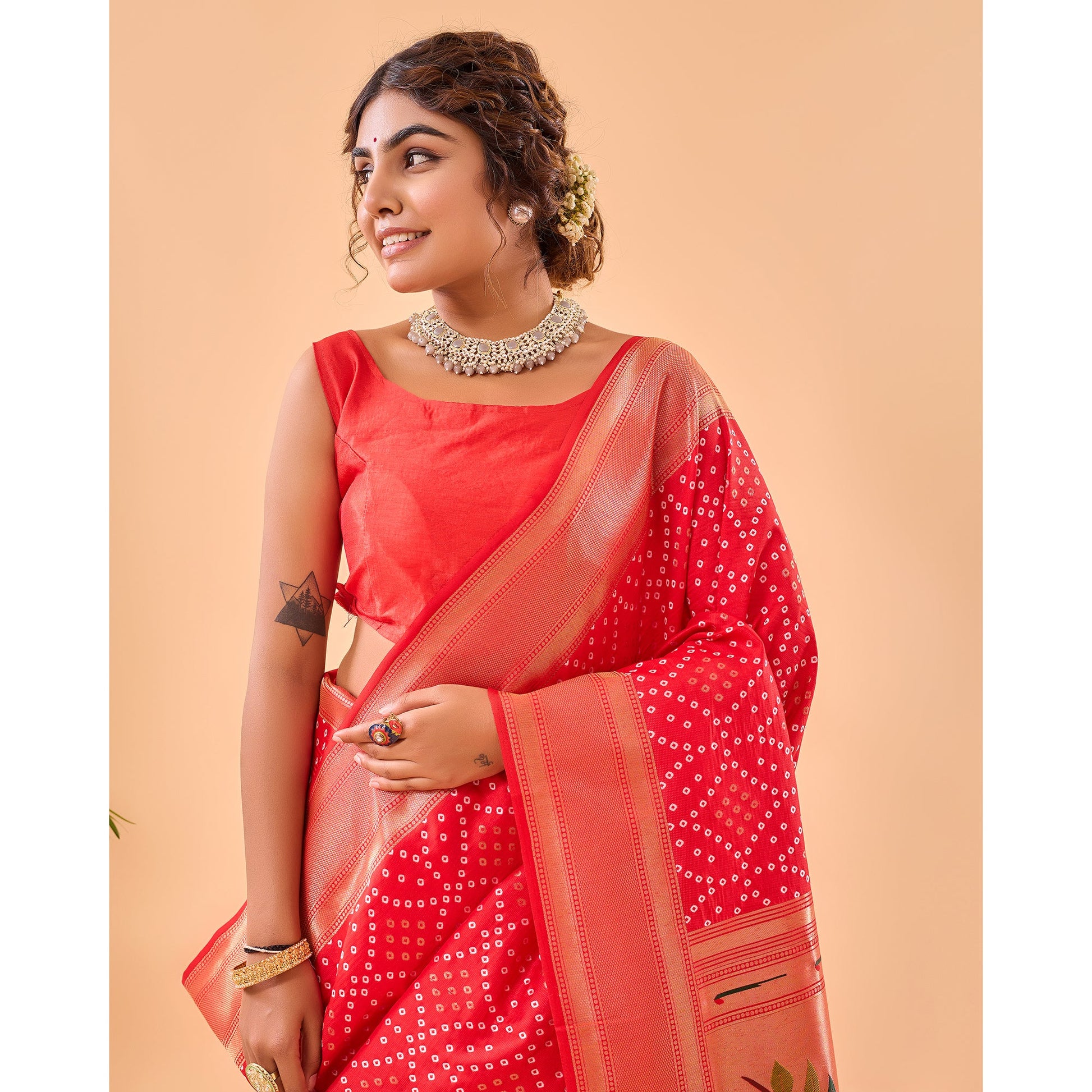 Bandhej Paithani Red Paithani Silk Handwork Saree