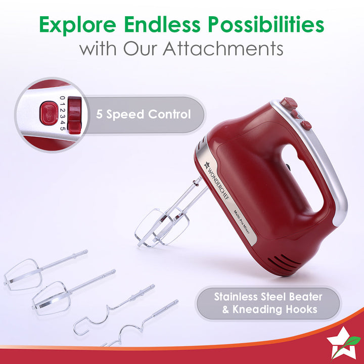 Crimson Edge 5 Speed Electric Hand Mixer | 300W Powerful Copper Motor