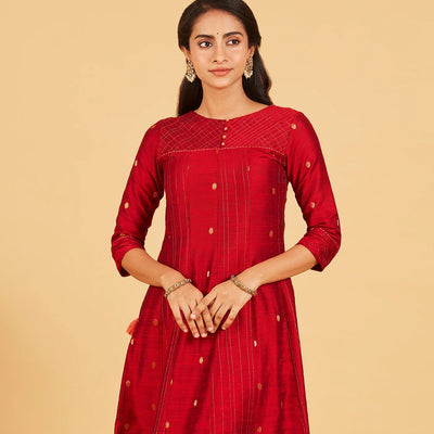 Deep Red And Gold Zari Work Kurta