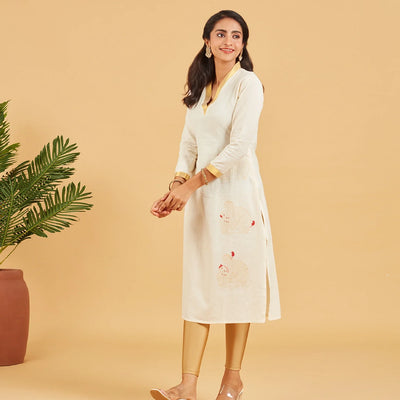 Solid Ivory Kurta With Gold Neckline
