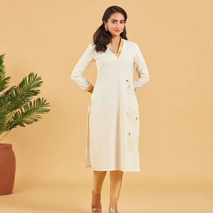 Solid Ivory Kurta With Gold Neckline