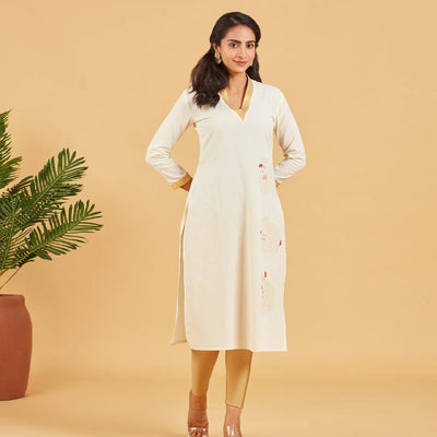Solid Ivory Kurta With Gold Neckline