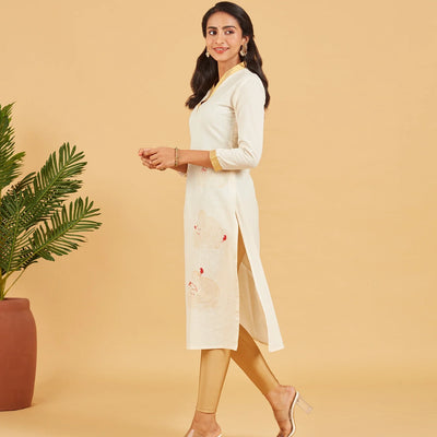 Solid Ivory Kurta With Gold Neckline
