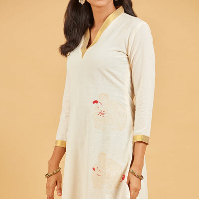 Solid Ivory Kurta With Gold Neckline