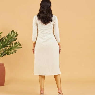Solid Ivory Kurta With Gold Neckline