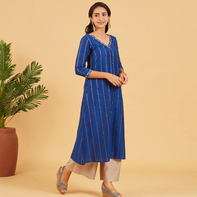 Midnight Blue & Gold Zari Work Kurta