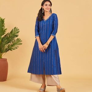 Midnight Blue & Gold Zari Work Kurta