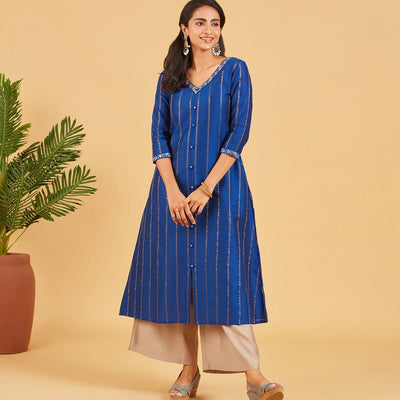 Midnight Blue & Gold Zari Work Kurta