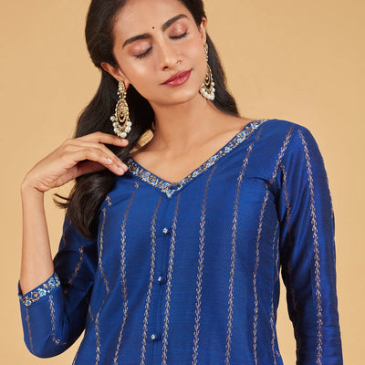 Midnight Blue & Gold Zari Work Kurta