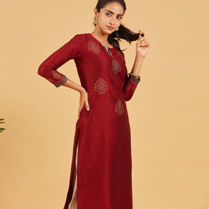 Russet Brown Foil Printed Kurta