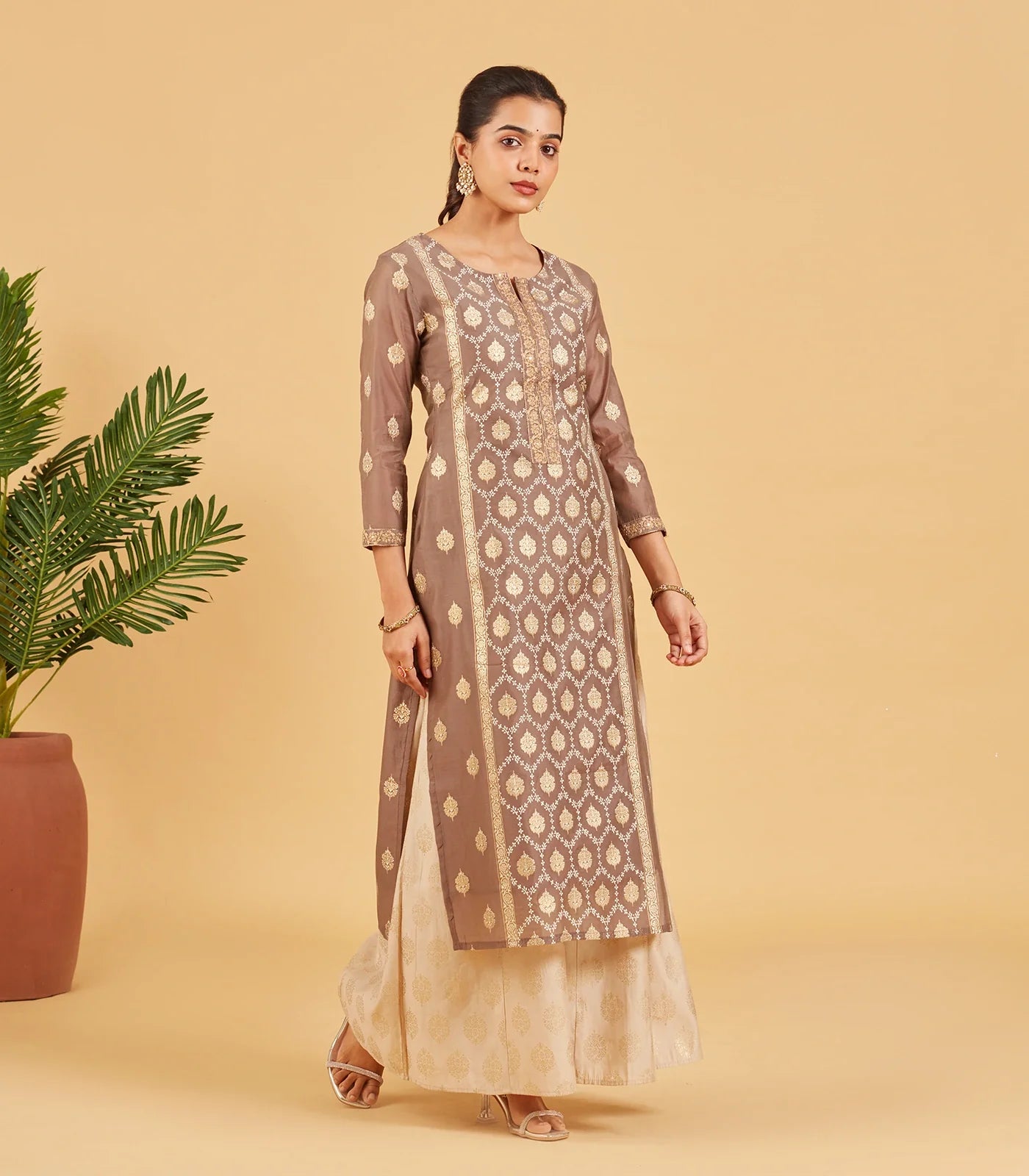 Taupe And White Printed Kurta