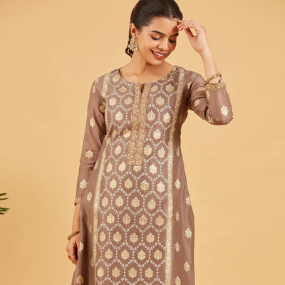 Taupe And White Printed Kurta