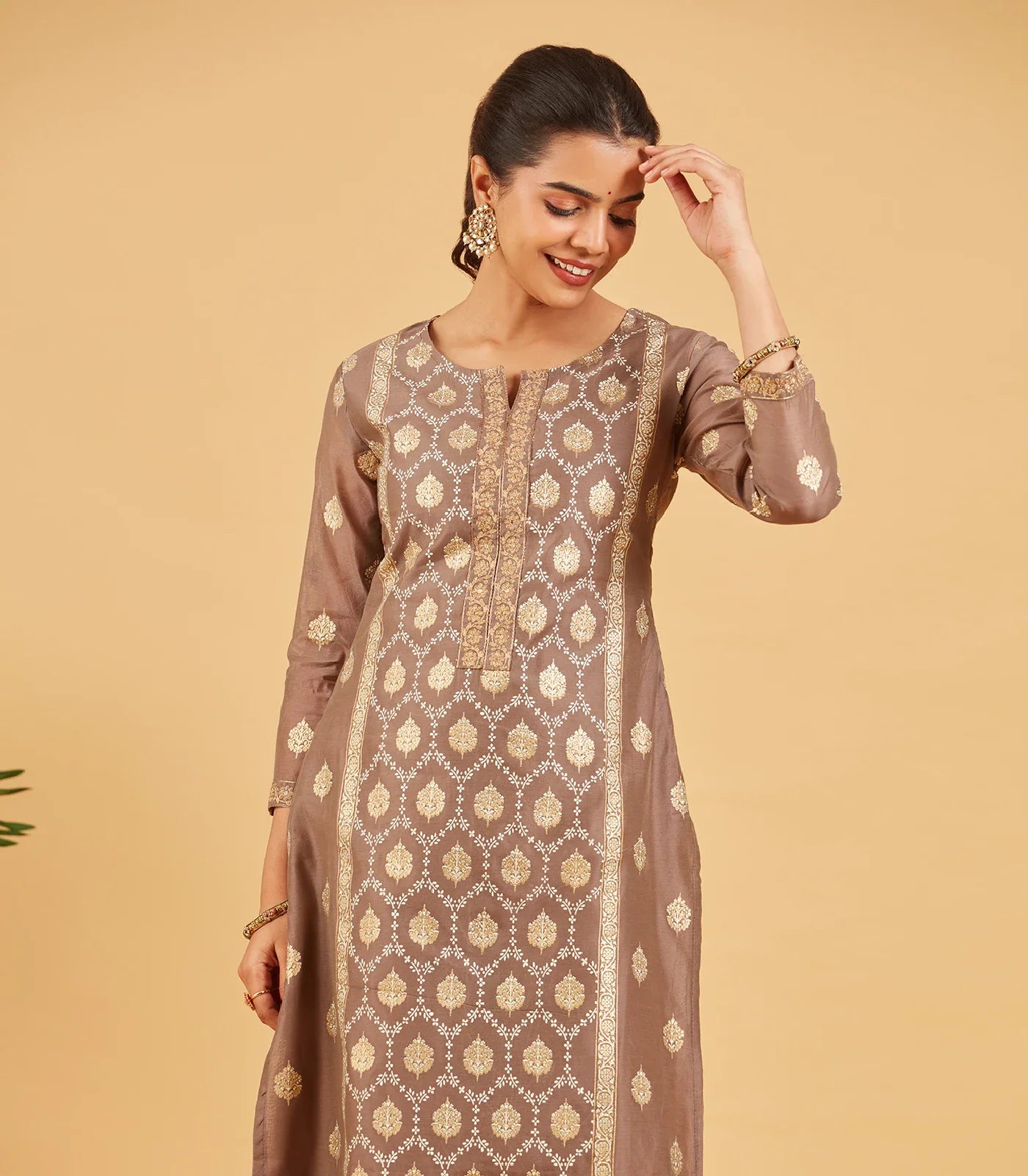Taupe And White Printed Kurta