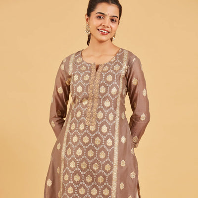 Taupe And White Printed Kurta