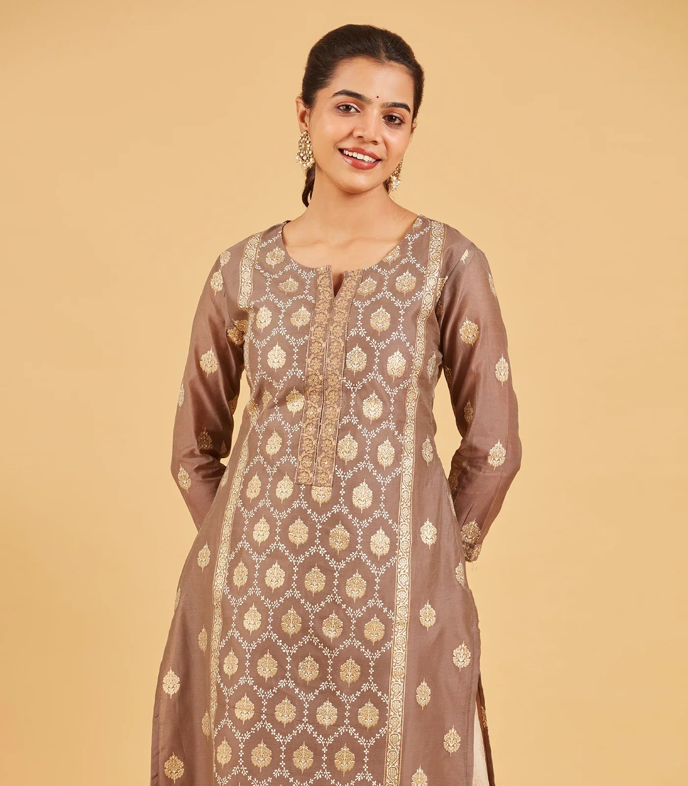 Taupe And White Printed Kurta