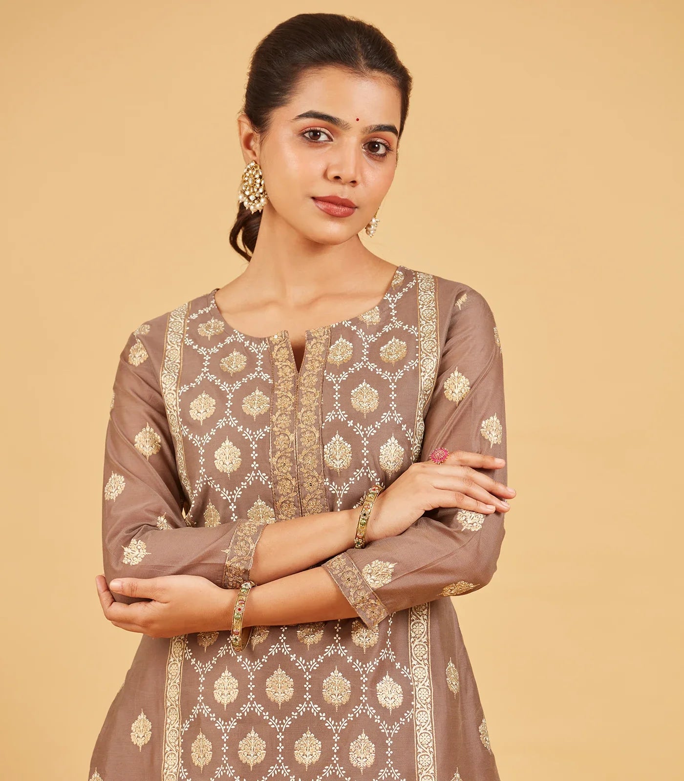 Taupe And White Printed Kurta