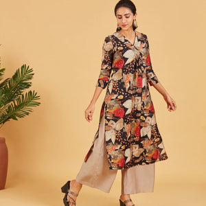 Black Abstract Floral Printed Kurta