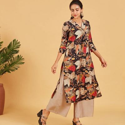 Black Abstract Floral Printed Kurta