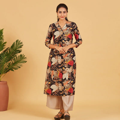 Black Abstract Floral Printed Kurta
