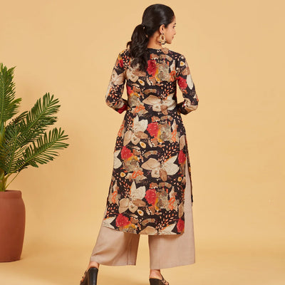 Black Abstract Floral Printed Kurta