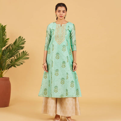 Aqua Green Floral Printed Festive Kurta