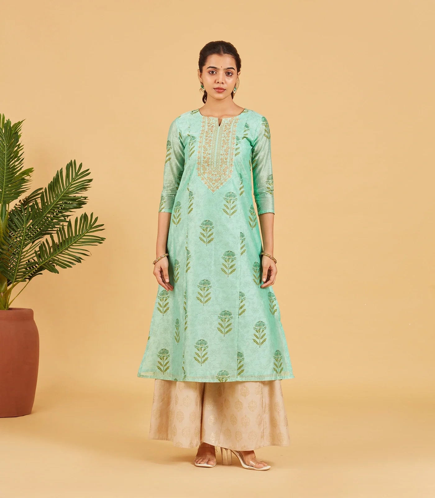 Aqua Green Floral Printed Festive Kurta