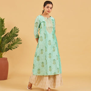 Aqua Green Floral Printed Festive Kurta