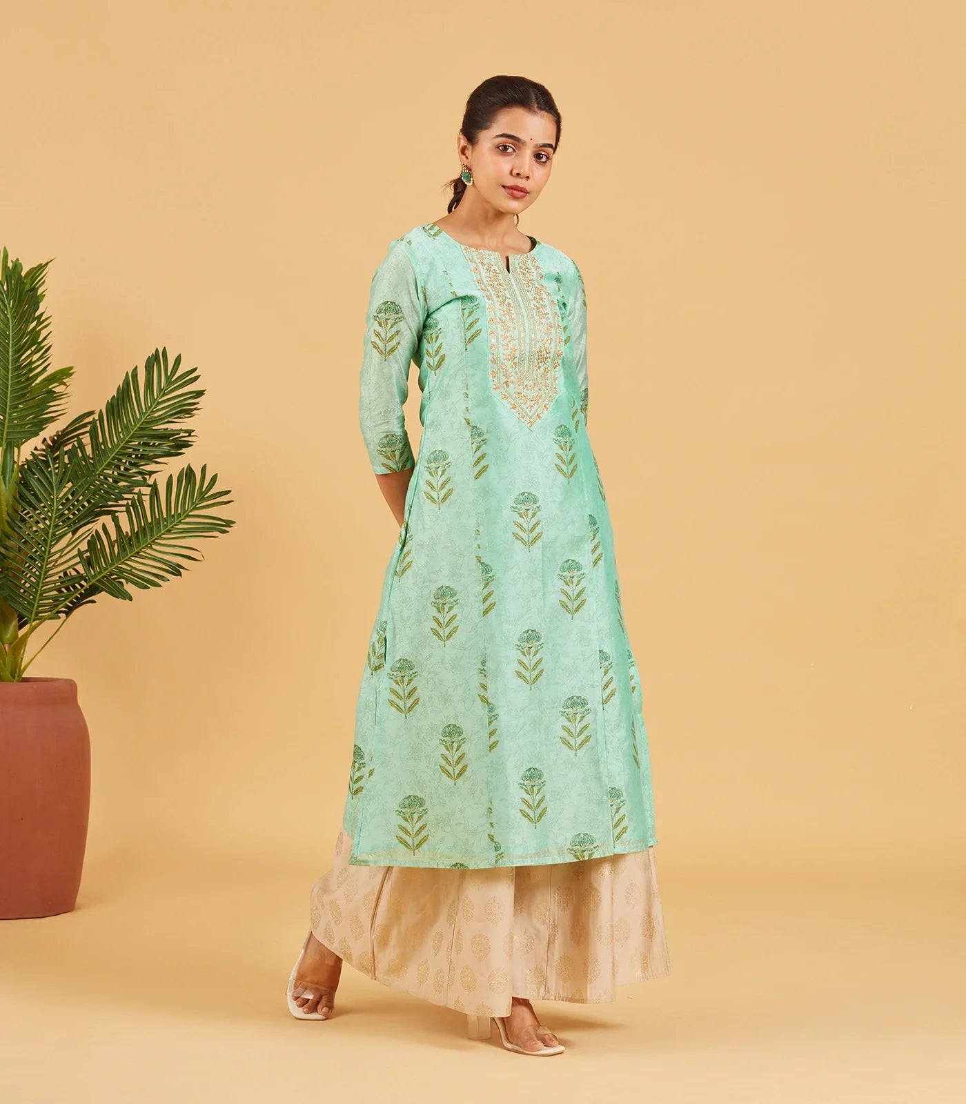 Aqua Green Floral Printed Festive Kurta