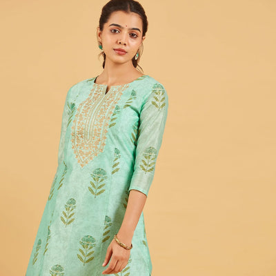 Aqua Green Floral Printed Festive Kurta