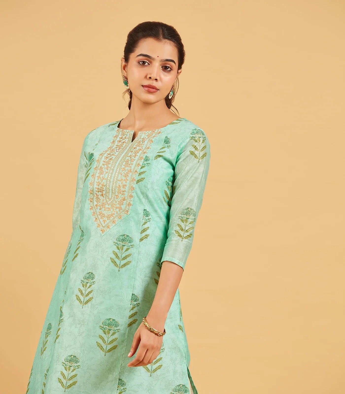 Aqua Green Floral Printed Festive Kurta