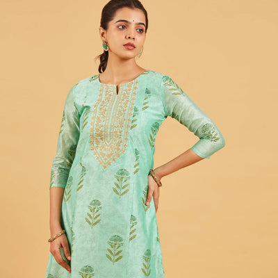 Aqua Green Floral Printed Festive Kurta