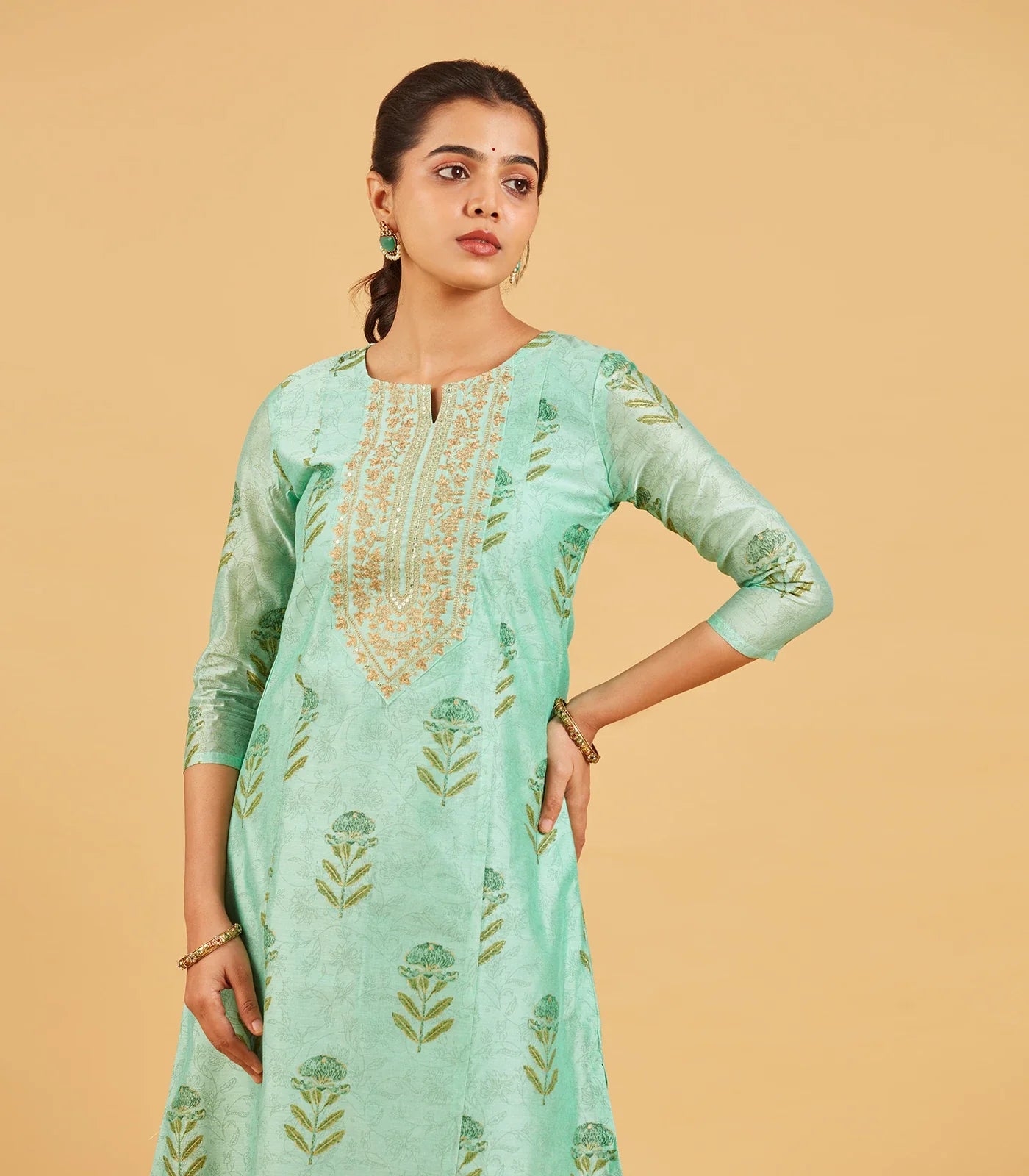 Aqua Green Floral Printed Festive Kurta