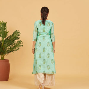 Aqua Green Floral Printed Festive Kurta