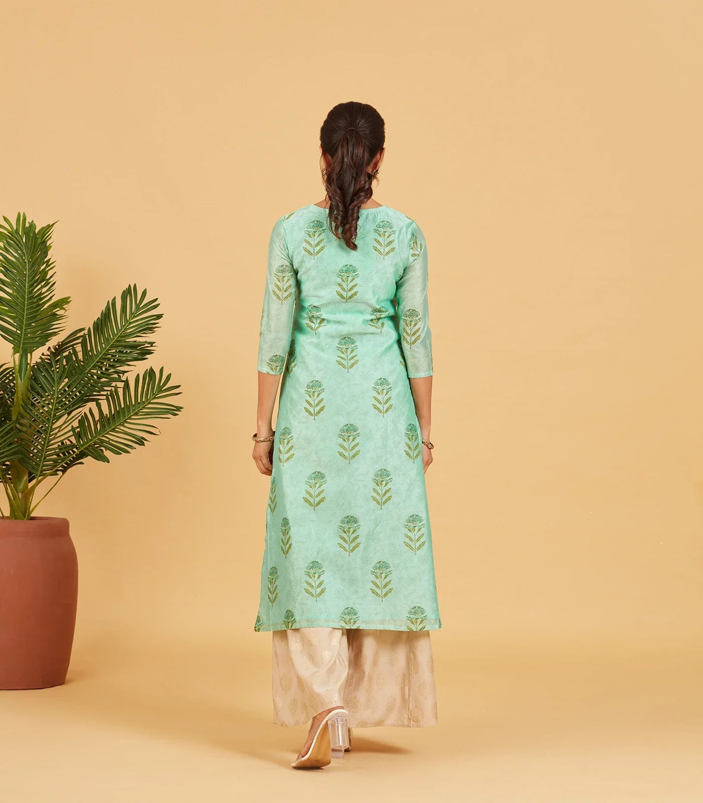 Aqua Green Floral Printed Festive Kurta