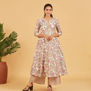 Off White Floral Printed Festive  Kurta