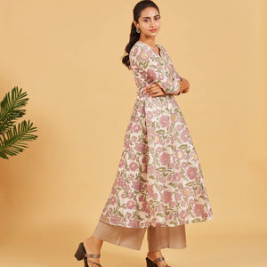 Off White Floral Printed Festive  Kurta