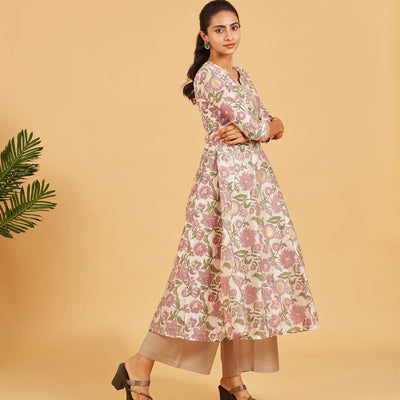 Off White Floral Printed Festive  Kurta