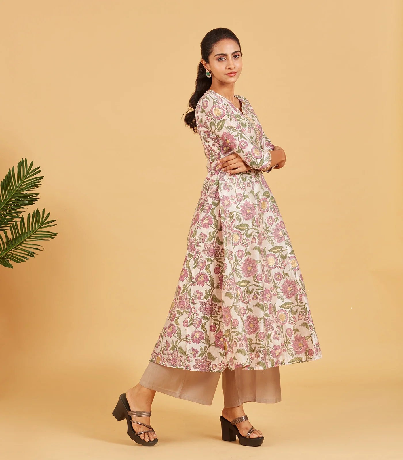 Off White Floral Printed Festive  Kurta