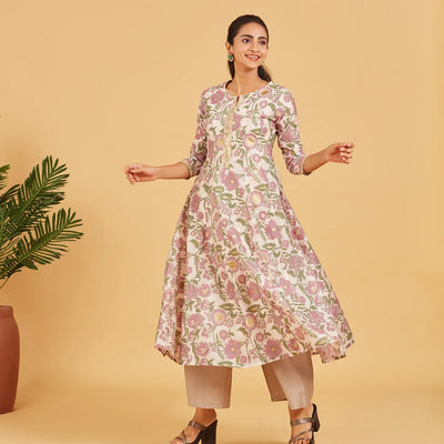 Off White Floral Printed Festive  Kurta
