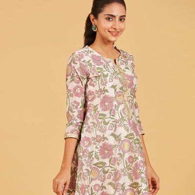 Off White Floral Printed Festive  Kurta