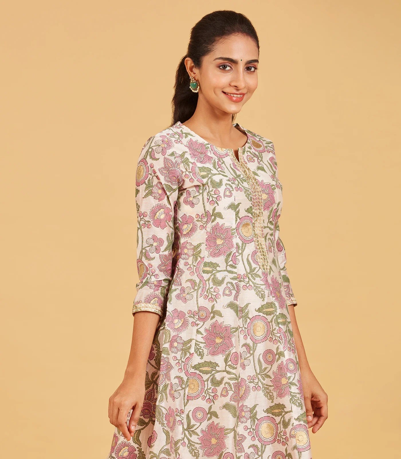 Off White Floral Printed Festive  Kurta