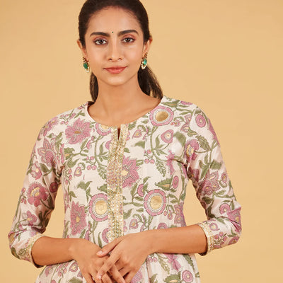 Off White Floral Printed Festive  Kurta