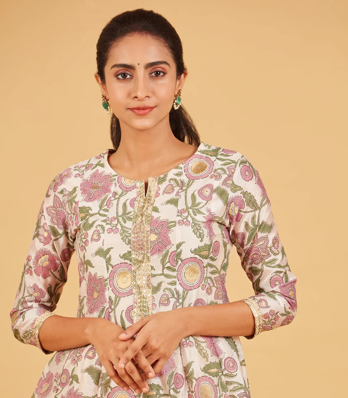 Off White Floral Printed Festive  Kurta