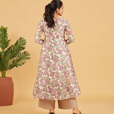 Off White Floral Printed Festive  Kurta