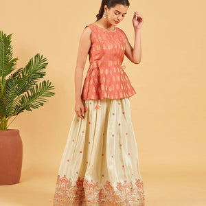 Peach And Gold Zari Work Short Top