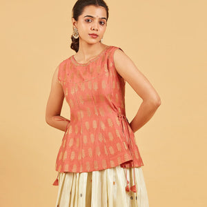 Peach And Gold Zari Work Short Top
