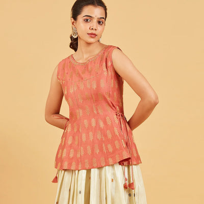 Peach And Gold Zari Work Short Top